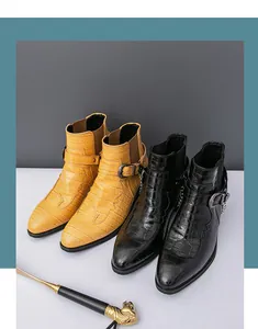 Men's British style Chelsea boots featuring crocodile texture and metal chain detail in two colors