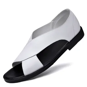 Sandales décontractées en cuir de vachette blanc pour hommes avec semelle souple