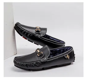 Men's premium black warm loafers featuring blue fleece lining and gold horse emblem