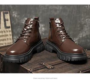 Detailed view of brown leather Martin boots featuring side zipper and thick rubber sole