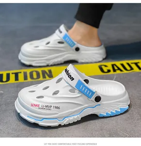 Detailed view of breathable white men's outdoor clog sandals with blue accents and heel strap