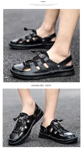 Macro view of handmade stitching on black leather closed-toe summer sandals