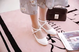 Close-up of elegant white patent leather Mary Jane shoes with stylish cross straps.