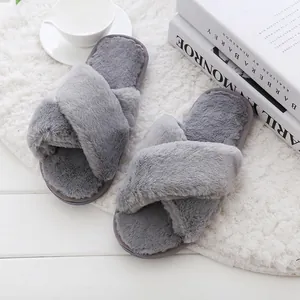 Close-up of cozy grey faux fur crisscross slippers on a fluffy white decorative rug