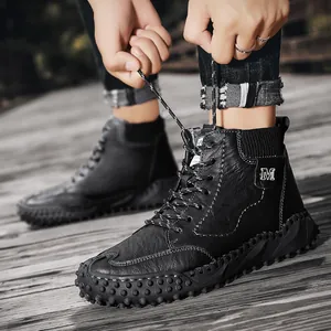 Botas altas informales para hombre de cuero negro con forro polar y diseño de invierno