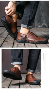 Détails de chaussures décontractées en cuir marron texturé avec semelles en caoutchouc noir.