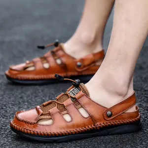 Men Casual Split Leather Closed Toe Summer Sandals Manual Stitching Breathable Hollow Out Outdoor Leisure Beach Fisherman Shoes