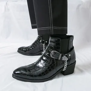 Premium British style men's black Chelsea boots with crocodile pattern and chain detail
