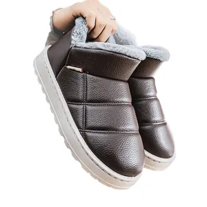 Men's brown winter slip-on shoes with warm gray faux fur lining and thick non-slip white soles