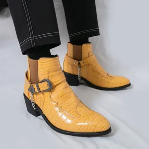 Yellow crocodile texture men's Chelsea boots featuring stylish buckle and chain details