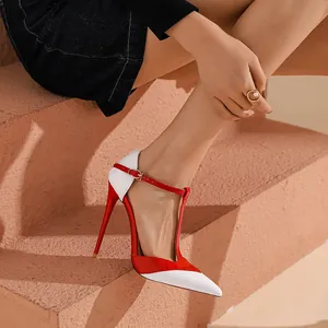 Eleganti décolleté a punta bicolore rosso e bianco con cinturino a T da donna