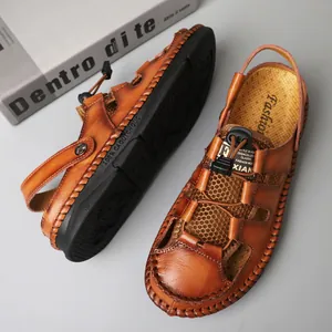 Handmade stitched men's closed-toe leather summer sandals with breathable mesh details