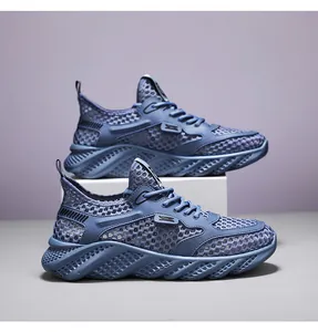 Detailed side view of blue breathable mesh sneakers for men, summer casual sports style