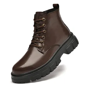 Classic dark brown leather Martin boots for men with thick black chunky rubber soles