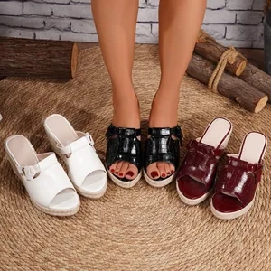 Women Platform Wedge Sandals Crocodile Pattern Open Toe Straw Braided Espadrilles Ankle Strap High Heels Summer Beach Shoes
