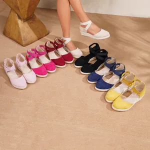 Sandalias de Cuña Bohemias para Mujer Gamuza Sintética Punta Cerrada Espadrilles Plataforma Paja Trenzada Correa Cruzada Tobillo Verano Playa