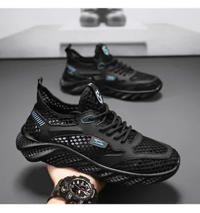 Close-up of men's breathable black mesh running sneakers with lightweight design
