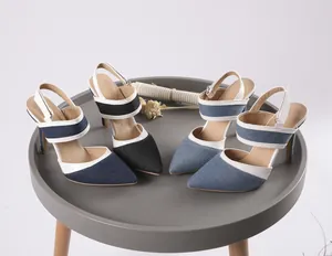 Dos pares de sandalias de tacón de aguja en mezclilla de tonos azules sobre una mesa.