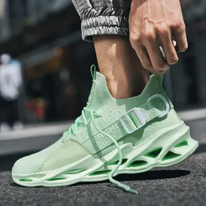 Breathable mint green fly-knit running sneakers with unique blade soles for men's fashion