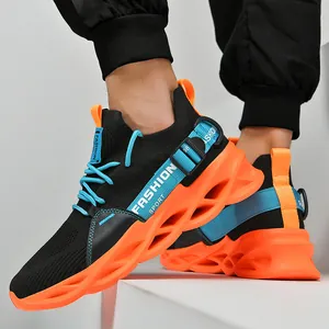 Breathable fly-knit running shoes for men with vibrant orange blade soles and blue straps