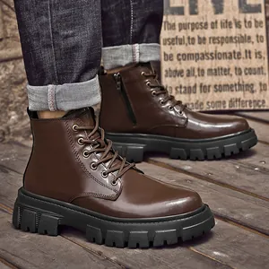 Durable men's brown leather high-top Martin boots with rugged chunky sole in British style