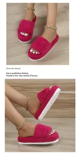 Detailed side and top views of fuchsia plush platform slides with white soles.