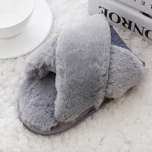 Close-up view showing the soft grey plush texture of these criss-cross home slippers