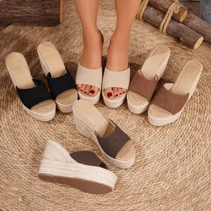 Sandalias de Cuña Alpargatas para Mujer Gamuza Sintética Punta Abierta Plataforma Yute Trenzado Verano Boho Casual