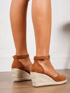 Brown suede espadrille wedge sandals with ankle strap for women, casual summer style