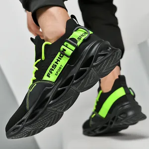 Breathable fly-knit running sneakers with neon accents and blade sole for men