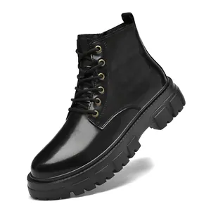 Men's black genuine leather combat boots with platform sole and lace-up design