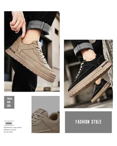 Multiple views of men's casual platform sneakers in khaki and black leather styles.