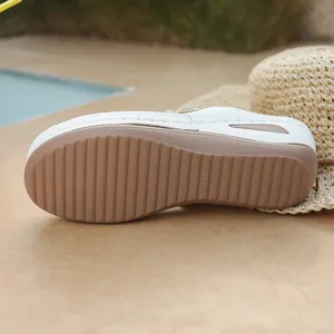 Close-up view showing the textured anti-slip rubber sole of white platform sandals