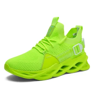 Neon green breathable mesh running sneakers with a unique blade sole design for men