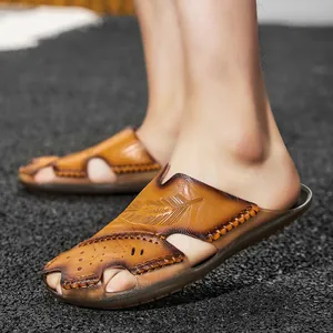 Breathable brown handmade leather sandals for men summer beach slippers with feather design