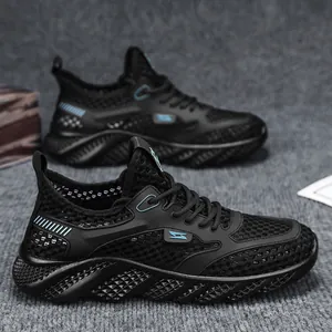 Men's breathable black mesh running shoes with hollow-out design for summer comfort