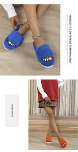 Detail view of stylish blue and orange fuzzy terry cloth slide slippers on model