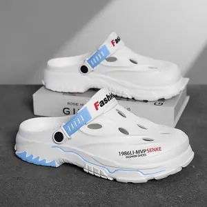 Men's breathable white clogs with blue strap for outdoor beach and water activities.