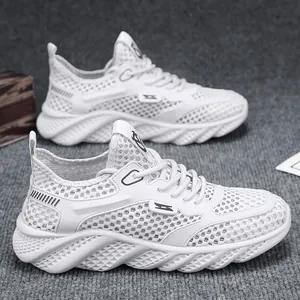 Men's breathable white mesh running shoes for summer with lightweight fly-knit design