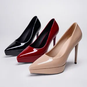 Close-up of elegant pointed-toe platform stiletto pumps in black, red, and beige
