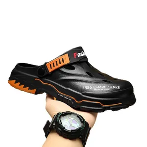 Men's outdoor breathable black clog shoes with orange accents and adjustable strap