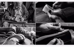Black and white collage showing the traditional artisan hand-stitching process for leather shoes