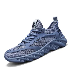 Men's blue breathable hollow mesh running shoes, lightweight summer athletic sneakers