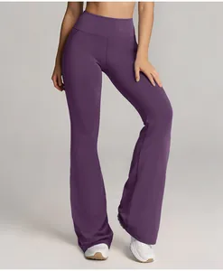 Close-up of purple high-waisted flare yoga pants showing stretchy cloud-feel fabric