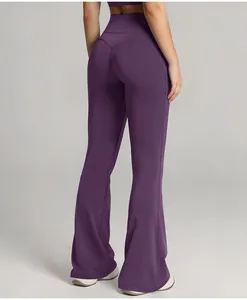 Back view detail of high-waisted purple flared yoga pants with butt-lifting design