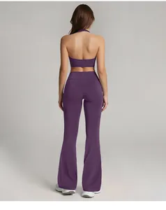 Back view of purple high-waisted butt-lifting flared yoga pants for women