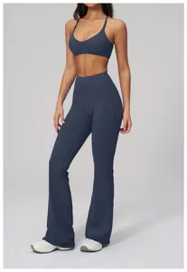 High-waist cloud-feel flare yoga pants and sports bra set in dusty blue athletic wear.