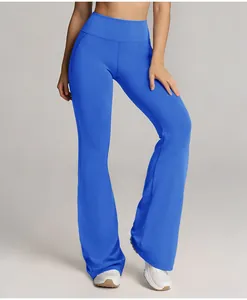 High-waisted royal blue yoga flare pants showing elastic fabric and breathable fit
