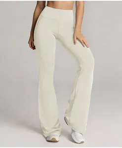 Elegant high-waisted cream yoga flare pants featuring butt-lifting and wide leg design for women