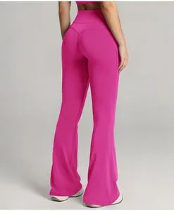 Back view of vibrant magenta high-waisted flare yoga pants with butt-lifting design
